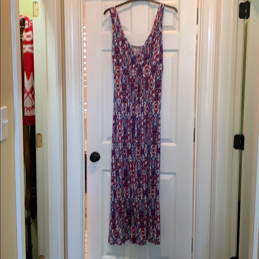 Loveappella maxi dress in pink, blue, and white